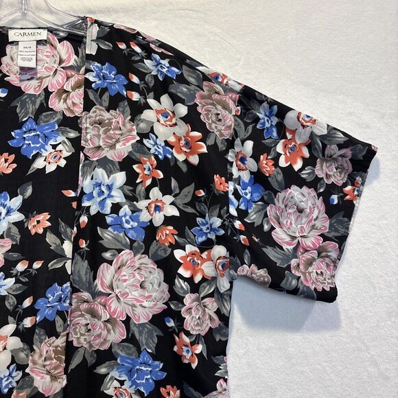 Carmen Women's Swimsuit Coverup Black Tropical Floral Fringe Open Front Kimono - Picture 4 of 12